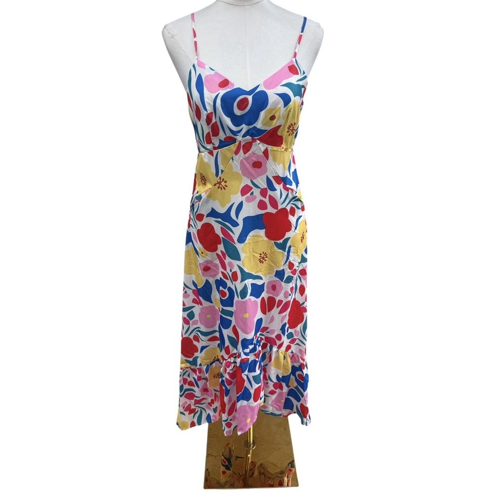 Womens Colorful Floral Maxi Dress M Ruffle Hem Summer Beach Vacation Wedding